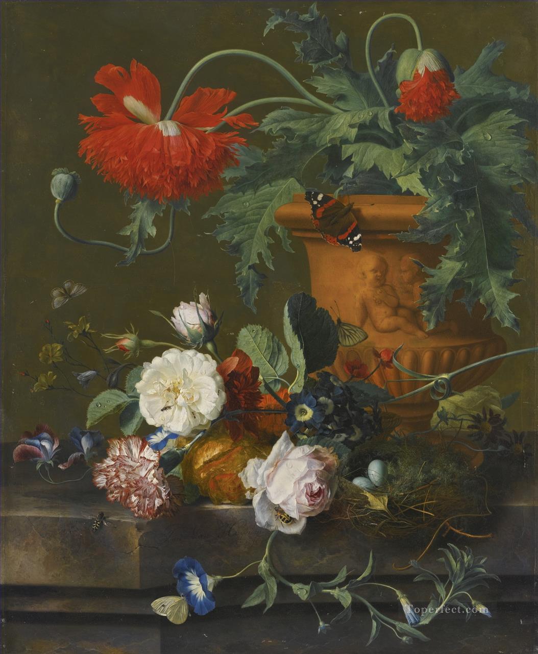 テラコッタの花瓶に入ったケシの静物 バラ カーネーションとその他の花 ヤン・ファン・ホイスム油絵
